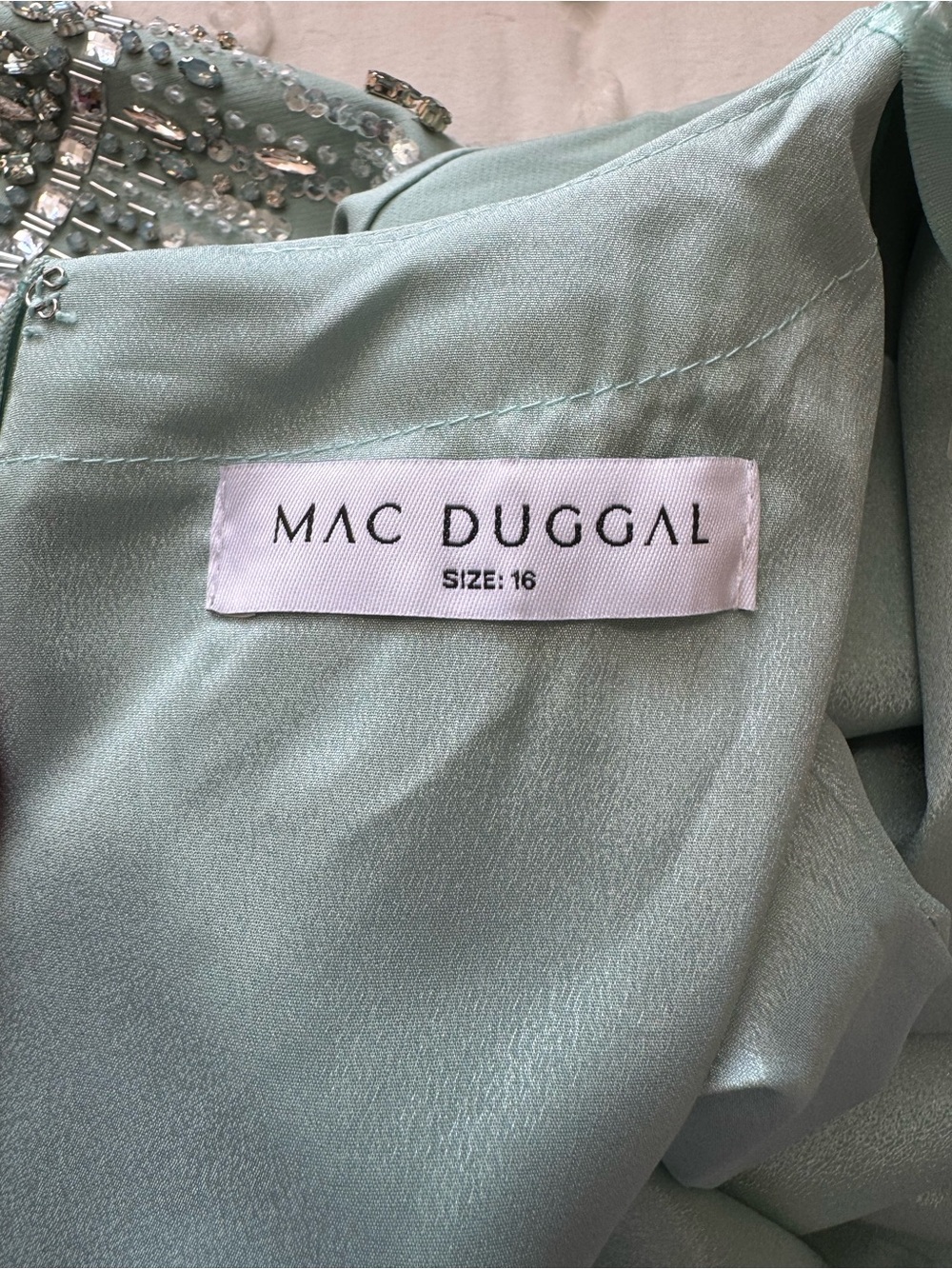 Mac Duggal 2270 Green Crepe A Line Gown With Beaded 3/4 Sleeves Size 16 NWOT - Picture 9 of 10
